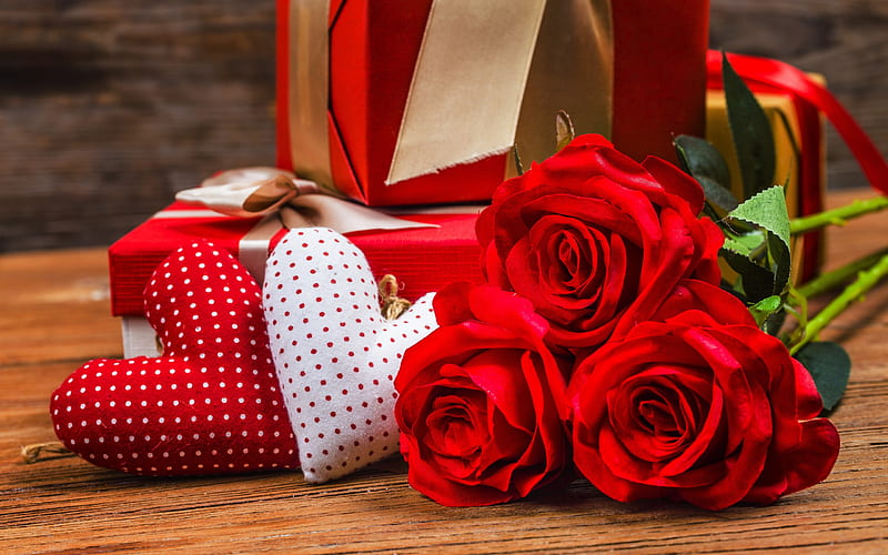 corazones, romance, bouquet of red roses, February 14, Valentines Day, HD wallpaper