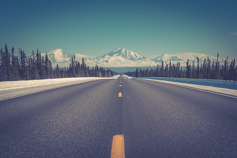 long road, trees, mountain, snow, winter, Landscape, HD wallpaper