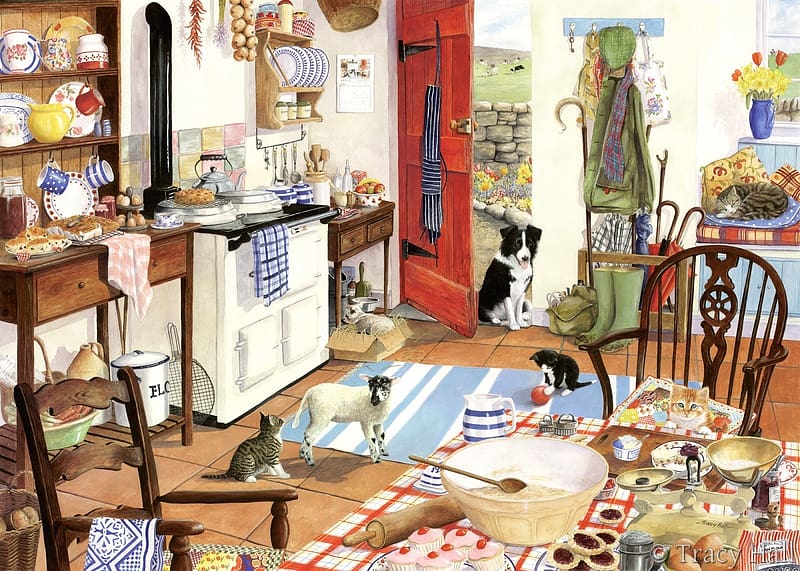 Farm Kitchen, pictura, farm, kitchen, tracy hall, caine, dog, room, art, cat, painting, border collie, HD wallpaper