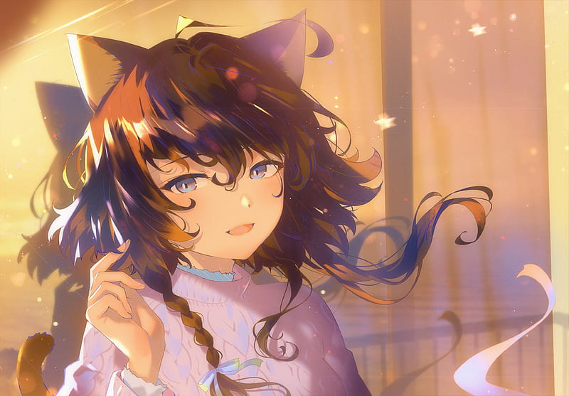 anime cat girl, animal ears, nekomimi, brown hair, braid, Anime, HD wallpaper