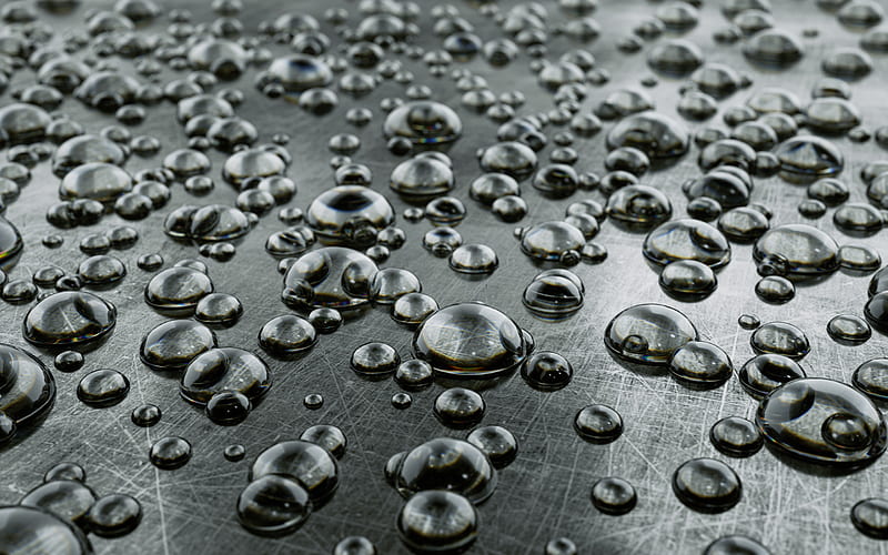 water drops on metal, macro, water drops texture, dew, water, gray backrounds, HD wallpaper