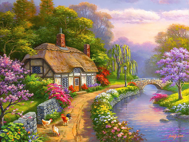 Willow Glen, colorful, pretty, house, cottage, bonito, que, countryside, bridge, willow, village, painting, river, rural, art, rustic, lovely, Sung Kim, creek, peaceful, blossoms, flowering, blooming, HD wallpaper