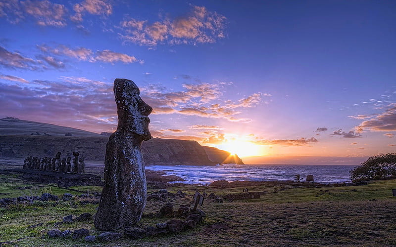 Easter Island, sun, ocean, colors, bonito, sunset, easter, islamd, splendor, monumenr, history, landscape, HD wallpaper