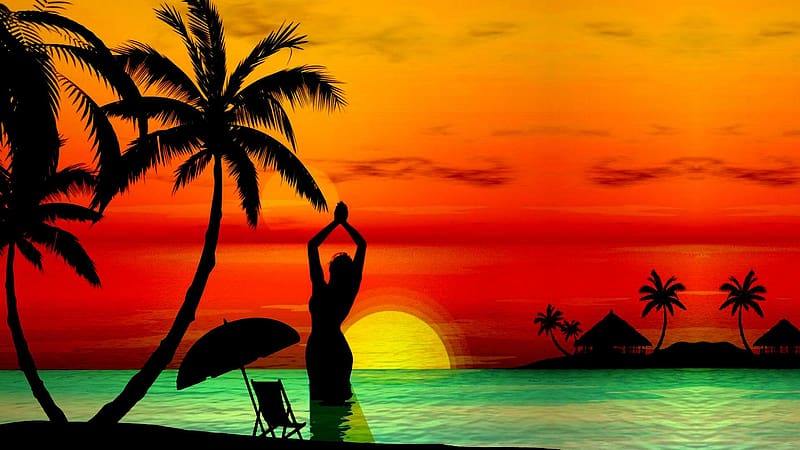 Sunset, Sun, Bright, Silhouette, Chair, Ocean, Colorful, Umbrella, Artistic, Tropical, Orange (Color), Palm Tree, HD wallpaper