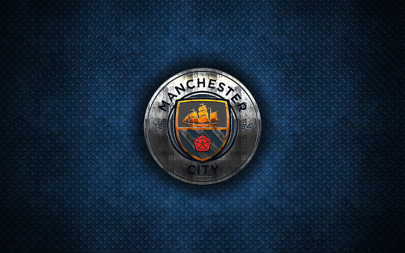 Manchester City FC metal logo, creative art, English football club, Premier League, emblem, blue metal background, Manchester, England, football, HD wallpaper