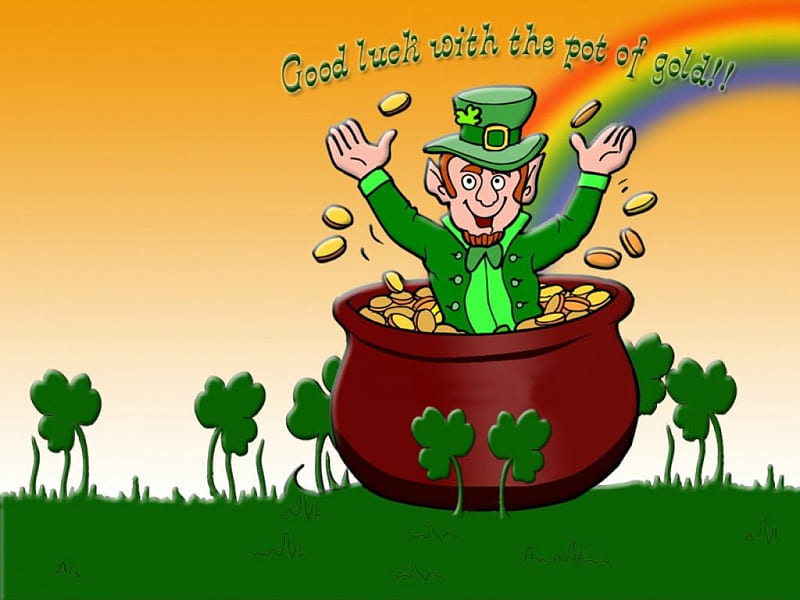 Saint Patrick's Day, Saint Patricks Day, grass, pot, rainbow, coins, leprechaun, hat, top hat, clovers, gold, shamrocks, Patricks Day, HD wallpaper