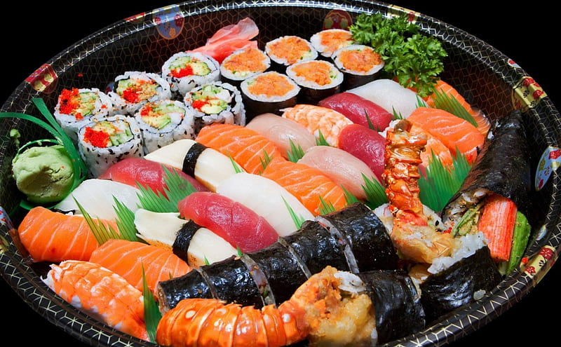 Sushi, shrimp, japanese, tuna, fish, wasabi, plate, HD wallpaper
