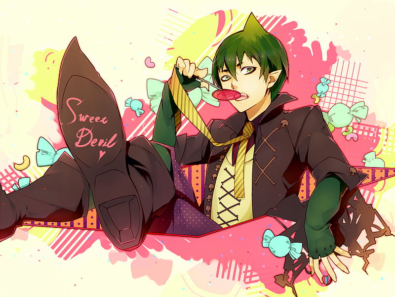 Aoshiki Art, fingerless gloves, candy, colorful, ao no exorcist, sweets, foreshortening, green eyes, amaimon, aoshiki, necktie, pointy ears, lollipop, male, inscription, open mouth, short hair, heart, solo, sitting, fang, green hair, skull, eating, HD wallpaper