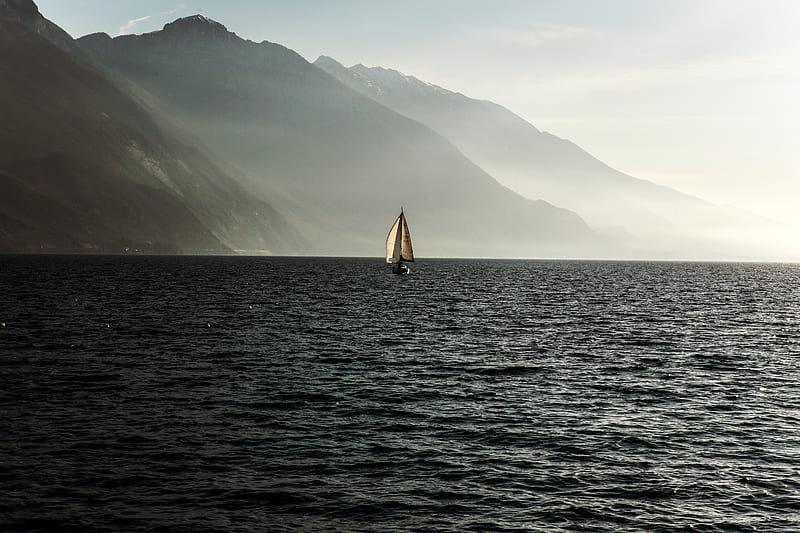 sailboat, sea, mountains, fog, waves, HD wallpaper