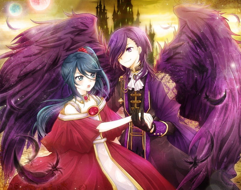 ♡ Couple ♡, pretty, dress, guy, wing, sweet, nice, anime, feather, love, handsome, hot, anime girl, long hair, couple, female, wings, male, lovely, romantic, romance, angel, gown, sexy, cute, boy, girl, purple, lover, HD wallpaper