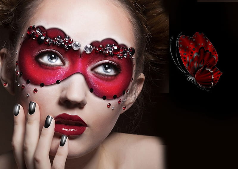 Avant Garde Red Mask, vivid colors, pretty, Avant Garde, stunning, bold, face paint, breathtaking, bonito, woman, women, butterfly, bright, feminine, gorgeous, daring, female, lovely, model, creative, girl, black on red, face paint mask, mask, red on black, HD wallpaper