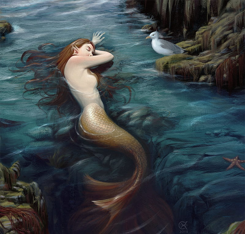 Mermaid, water, luminos, redhead, fantasy girl, girl, chalky nan, blue, art, HD wallpaper