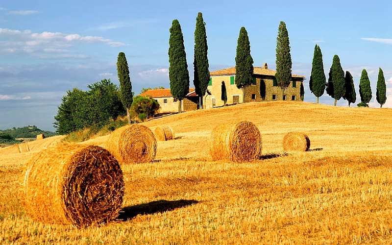 Landscape, Italy, Tree, House, Field, Tuscany, , Haystack, HD wallpaper