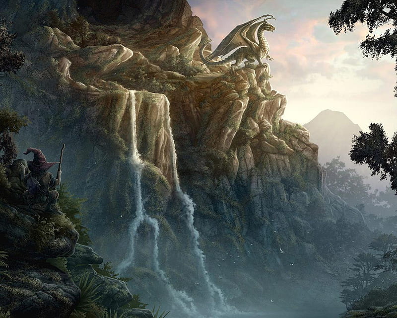 fantasy island, dragon, waterfalls, wizard, HD wallpaper