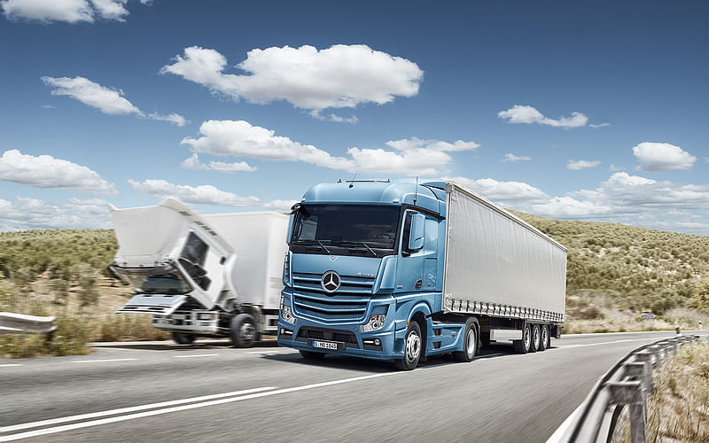 Mercedes-Benz Actros, 2019, new truck, new blue Actros, trailer, trucking concepts, cargo delivery, Mercedes, HD wallpaper