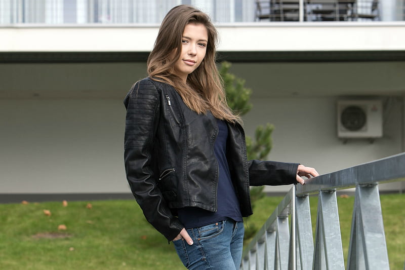 Mila Azul Looking Tough in Leather, coat, brunette, leather, model, jeans, HD wallpaper