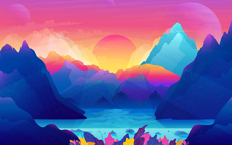 lake, mountains, sun, rays, creative, art, HD wallpaper