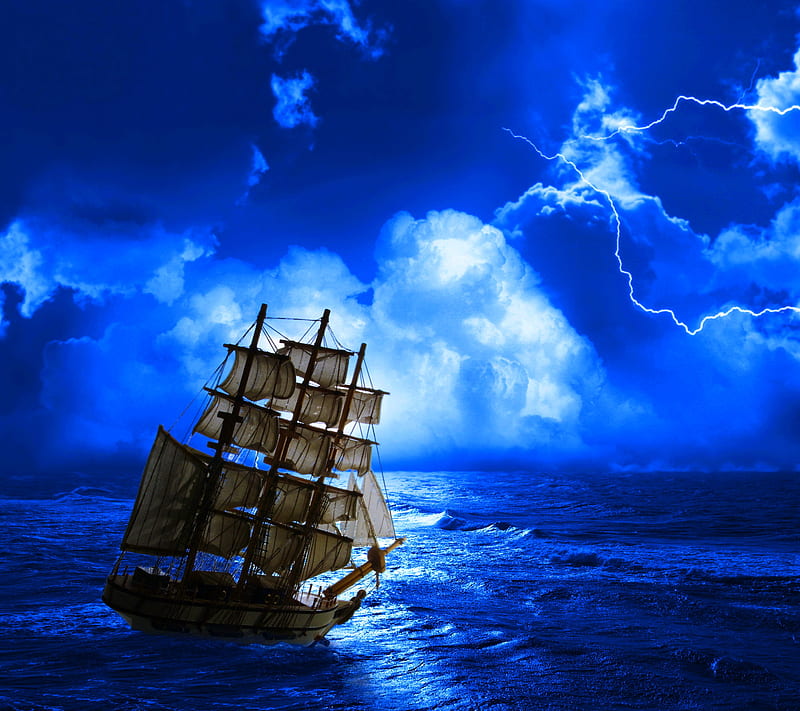 Stormy Sea, sailing boat, storm sea water lightning, HD wallpaper