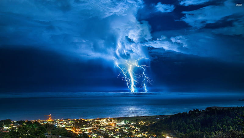 Thunderstorm over Ocean, lightning, ocean, thunderstorm, clouds, sky, HD wallpaper