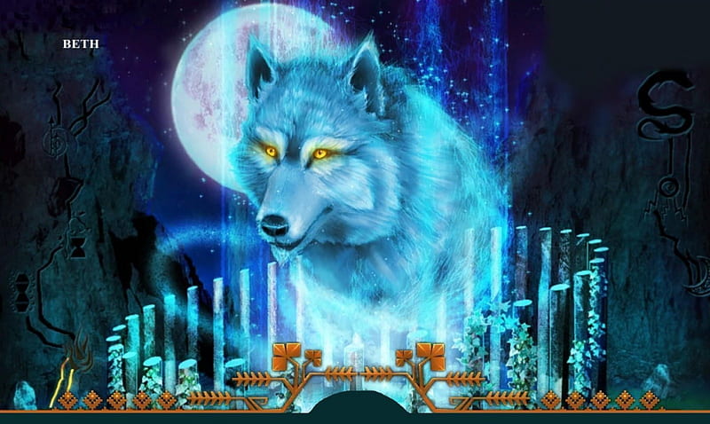 NIGHT OF THE THE BLUE WOLF, stars, moon, mountains, wolf, sky, animal, blue, night, HD wallpaper