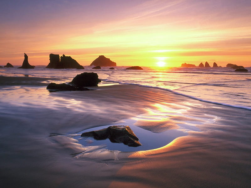 Bandon - Oregon, beach, shore, sand, ocean, bonito, sunset, HD wallpaper