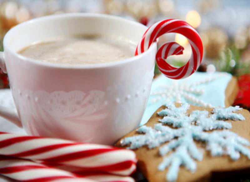 Candy Cane Cocoa, Cocoa, Red, Peppermint, White, Candy, Canes, Cup, Snow Flakes, HD wallpaper