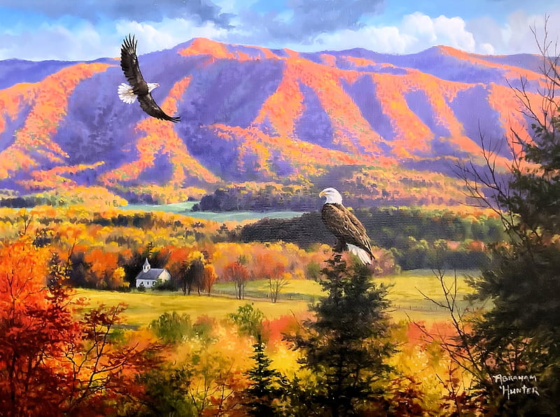 Cades Cove Chapel, trees, mountains, landscape, eagles, painting, artwork, HD wallpaper