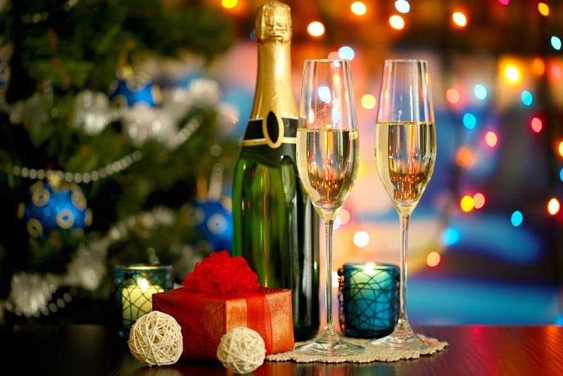 We toast a New Year, candle, bottle, wine glasses, gift, lights, atmosphere, tree, attended, to toast, decorationi, champagne, HD wallpaper