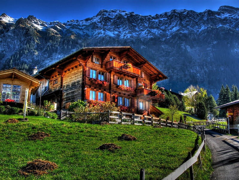Swiss chalet, pretty, house, chalet, grass, cabin, switzerland, mountain, countryside, nice, swiss, village, peaks, path, flowers, harmony, rest, lovely, holiday, relax, alps, sky, slopes, cottage, travel, bonito, europe, cliffs, hotel, grenery, vacation, pleasant, nature, villas, HD wallpaper