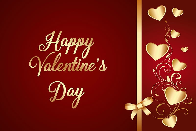 Happy Valentine's Day , red, Valentines, gold, Happy Valentines Day, Valentines Day, bow, corazones, HD wallpaper