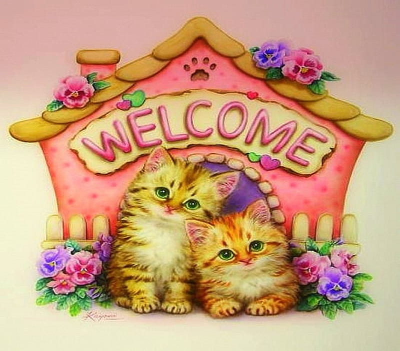 ..Welcome to Our Home.., pretty, house, draw and paint, home, adorable, paintings, flowers, animals, lovely, kitty, colors, love four seasons, creative pre-made, cute, weird things people wear, cats, kitten, HD wallpaper