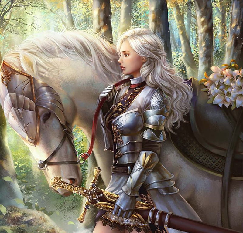 Annika, frumusete, luminos, hoang lap solan, horse, armor, hoanglap solan, girl, flower, white, HD wallpaper