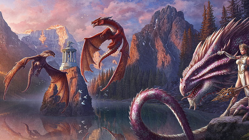 Fantasy Dragons Are Flying Above On Water Around Mountain Dreamy, HD wallpaper