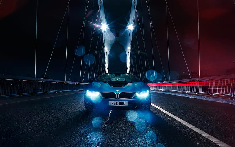 BMW i8, night, 2018 cars, supercars, headlights, new i8, BMW, HD wallpaper