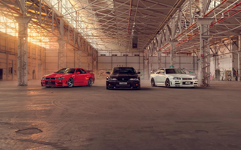 Nissan R34 Nismo, Nissan Skyline, Japanese sports coupe, red R34, white R34, black R34, tuning, garage, Japanese sports car, Nissan, HD wallpaper