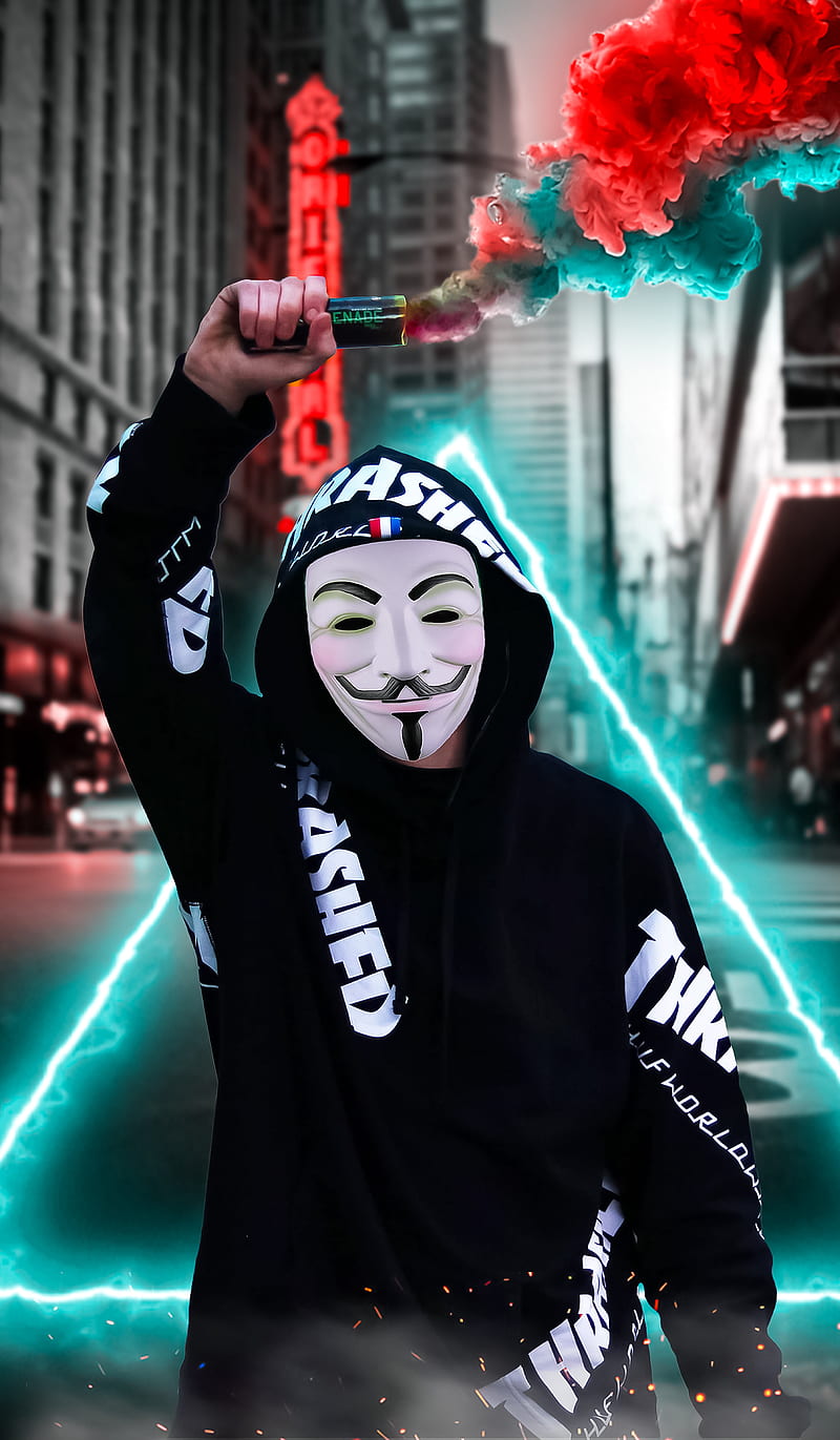 Anonymous Masked Man, city, people, smoke, street, triangle, HD phone wallpaper