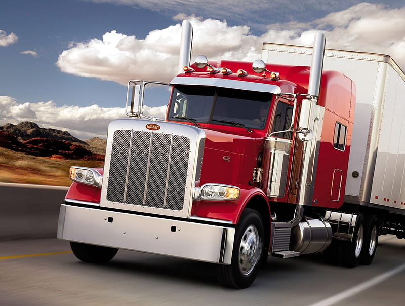 PETERBILT RED SILVER TRUCK, semi truck, up, sema show, sport truck, HD wallpaper