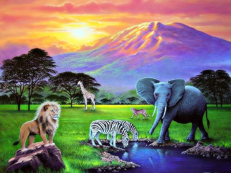 ✫Nature & Wildlife Endangered✫, elephants, grass, tigers, attractions in dreams, digital art, clouds, swamp, endangered, paintings, giraffes, landscapes, fields, forests, scenery, drawings, lions, animals, love four seasons, creative pre-made, sky, trees, mountains, plants, wildlife, sunshine, zebras, nature, HD wallpaper