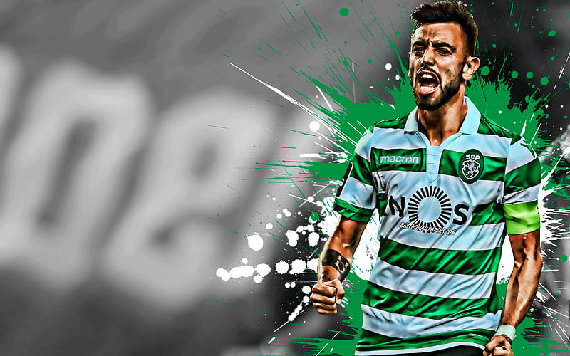 Bruno Fernandes Portuguese football player, Sporting FC, midfielder, green-white paint splashes, creative art, Portugal, football, grunge, Sporting, HD wallpaper