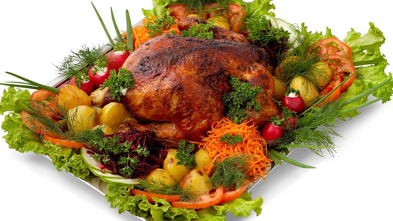 HEALTHY DINNER, nice, cool, chicken, fruits, hot, HD wallpaper