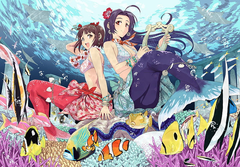 ~Melodious Mermaids~, underwater, colorful, fish, ocean, coral, bonito, sea, idolmaster, harp, mermaids, bubbles, flowers, amami haruka, miura azusa, HD wallpaper