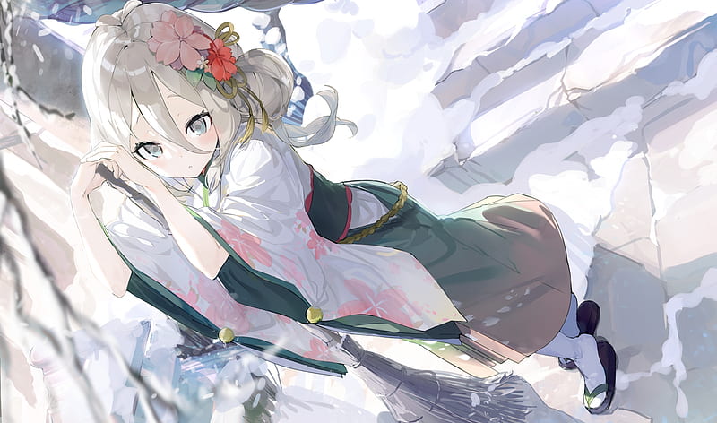 kokkoro, princess connect, stairs, japanese clothes, winter, snow, Anime, HD wallpaper