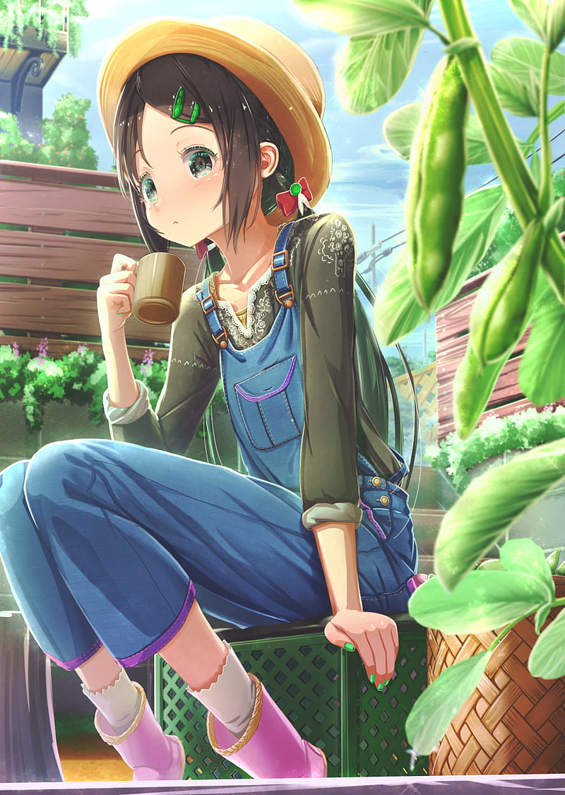 anime, anime girls, straw hat, plants, HD phone wallpaper