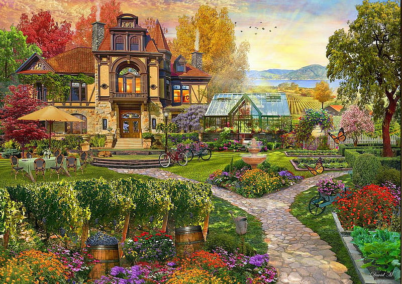 Okanagan Vineyard Retreat, digital, garden, flowers, path, trees, artwork, table, glasshouse, cottage, chairs, bicycles, HD wallpaper
