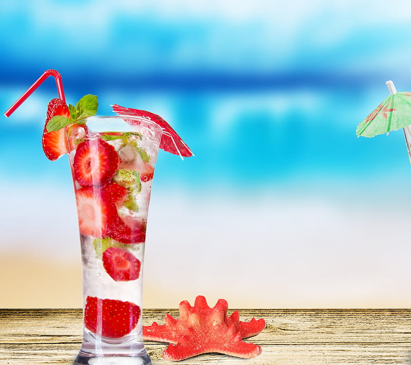 Summer Cocktails, drinks, ice, mojito, red, starfish, strawberries, HD wallpaper