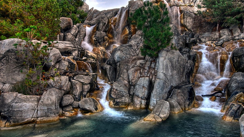 river rock falls, pools, lagerocks, waterfalls, pinetrees, HD wallpaper