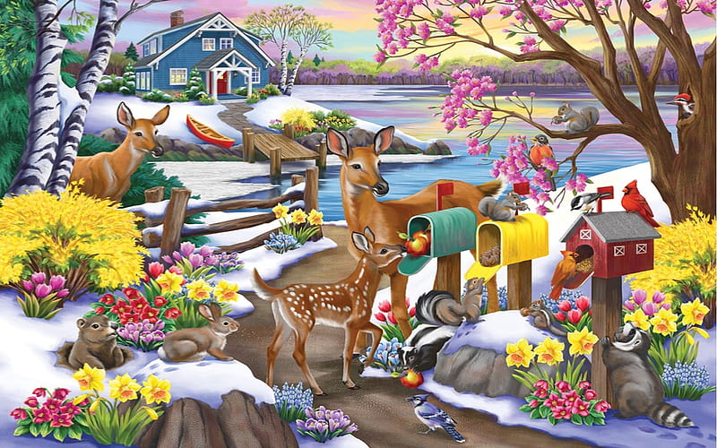 Spring Bloomimg Through Snow, house, mailboxes, spring, lake, winter, deer, pathway, flowers, animals, HD wallpaper
