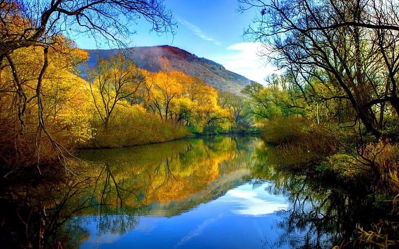 Autumn mountain river, fall, silent, riverbank, shore, falling, bonito, mirrored, mountain, nice, calm, river, reflection, quiet, lovely, sky, trees, lake, tranquil, serenity, nature, branches, HD wallpaper
