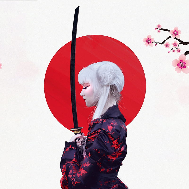 girl warrior, samurai, cherry blossom, art , , , background, cfc668, HD phone wallpaper