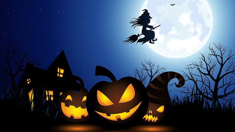 Spooky Halloween, vector art, witches, pumpkins, halloween, HD wallpaper